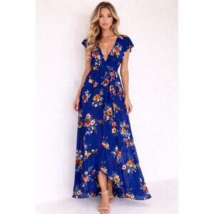 B.O.G Collectives Boho Blue Floral Maxi Dress  Hem Flutter Sleeve Romantic M NWT